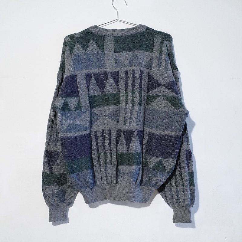 Retro sweater vintage sweater vintage sweater 100% pure wool geometric knit R00361 - สเวตเตอร์ผู้ชาย - ขนแกะ สีน้ำเงิน