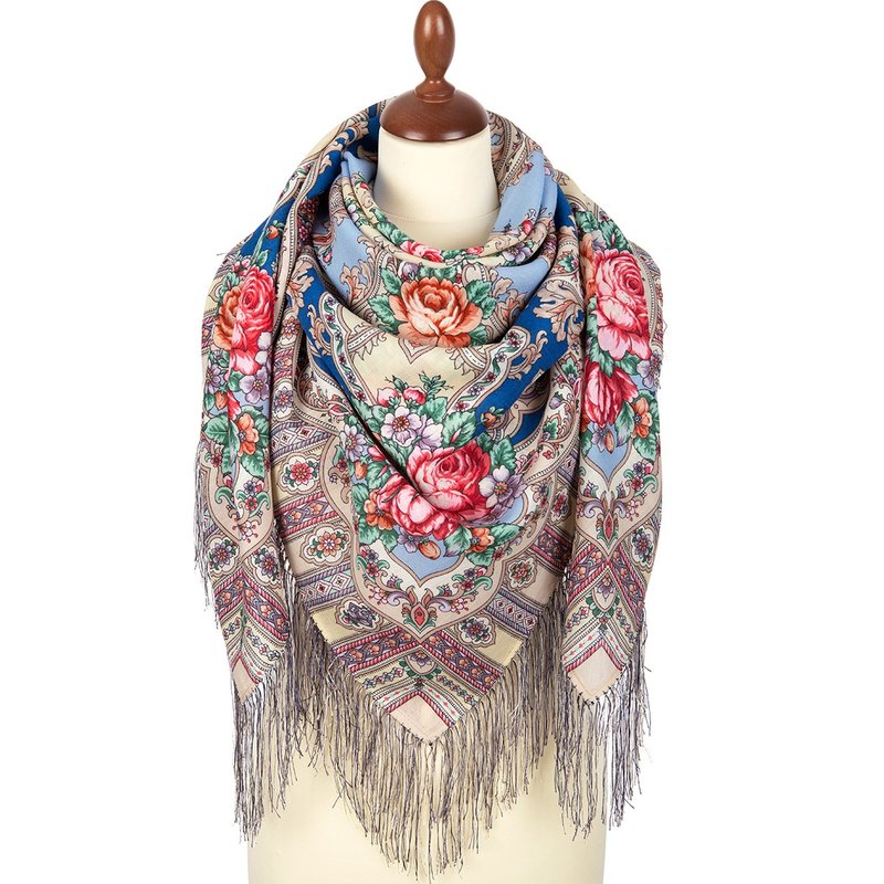 Pavlovo Posad Russian Shawl 100% Wool Scarf 125x125 cm Wrap Silk Fringe 1782-63 - 圍巾/披肩 - 羊毛 多色