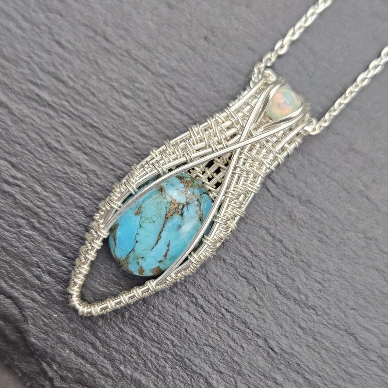 Turquoise Wire Wrapped Pendant , Silver - สร้อยคอ - เงินแท้ สีน้ำเงิน