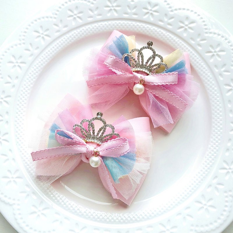 漸層網紗鑽皇冠太空棉珍珠公主小孩兒童髮夾 - 嬰兒手鍊/飾品 - 其他材質 粉紅色