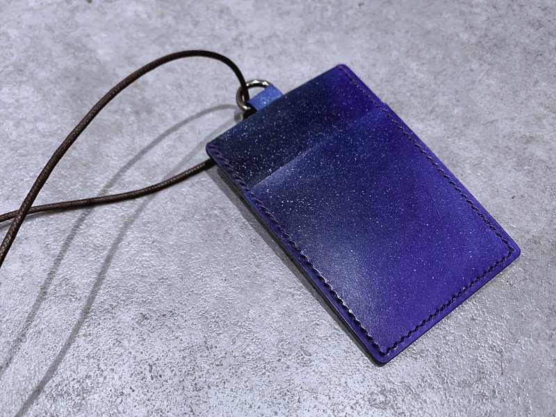 Hand dyed leather black purple night sky card holder card holder - ที่ใส่บัตรคล้องคอ - หนังแท้ สีม่วง