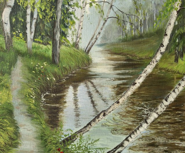 白樺の木の絵画風景オリジナルアート雨上がりの川の風景アート