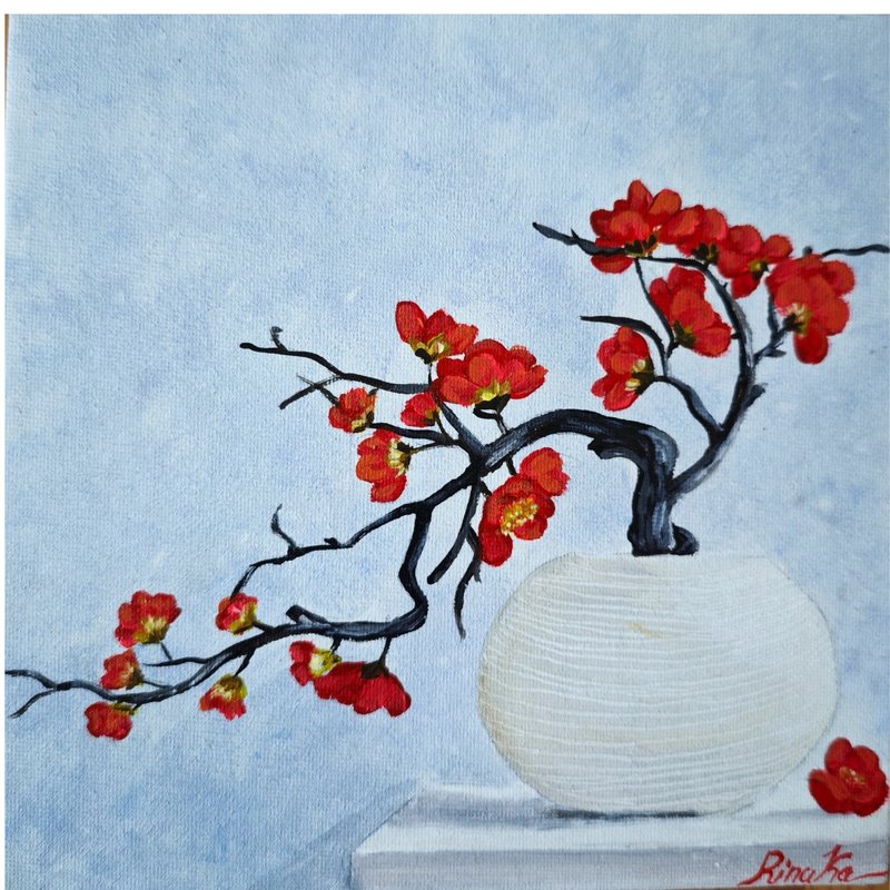 紅色花朵插花枝原創藝術手繪作品 作者 RinaArtSK - 壁貼/牆壁裝飾 - 其他材質 多色