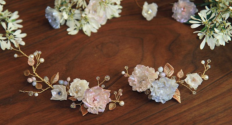 Handmade bridal headdress pink eustoma gold leaf - Hair Accessories - Clay Pink