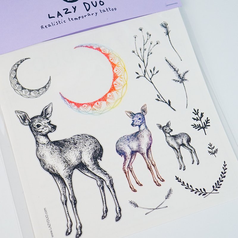 LAZY DUO Delicate Animal Temporary Tattoo Stickers Fake Moon Deer Flower Floral - สติ๊กเกอร์แทททู - กระดาษ สีดำ