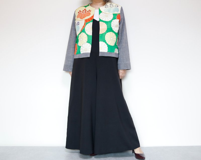 KIMONO CREW NECK JACKET -ヴィンテージ着物を使ったクルーネックジャケット １点物です - 女大衣/外套 - 聚酯纖維 綠色