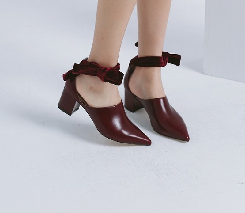 Cut back ballet velvet with thick leather pointed shoes wine red - High Heels - Genuine Leather Red
