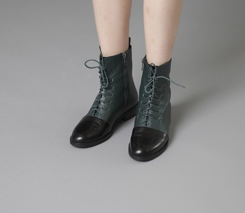 Leather line flat flat leather boots black green - รองเท้าบูทยาวผู้หญิง - หนังแท้ สีดำ