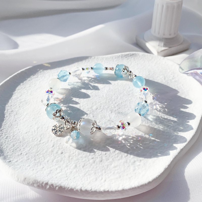 Aquamarine Moonstone White Crystal S925 Sterling Silver Diamond Cut Crystal Bracelet - สร้อยข้อมือ - คริสตัล หลากหลายสี