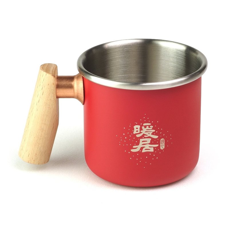 【客製化禮物】木柄 白鐵杯 400ml (暖居) - 咖啡杯/馬克杯 - 不鏽鋼 紅色