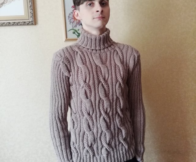 Beige Men Knitted Sweater Wool Soft Turtleneck Cozy chunky Handmade Jumper style Shop LarisaKnits Women s Sweaters Pinkoi