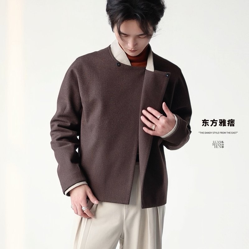 Luanshanhun Oriental elegant new Chinese style original round shoulder Brown herringbone pattern casual short jacket autumn and winter - เสื้อโค้ทผู้ชาย - วัสดุอื่นๆ 