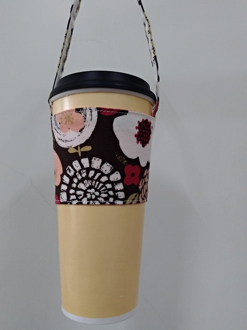 飲料杯套 環保杯套 手搖飲料袋 咖啡袋 手提袋-幾何花花(咖啡紅) - 杯袋/飲料提袋 - 棉．麻 