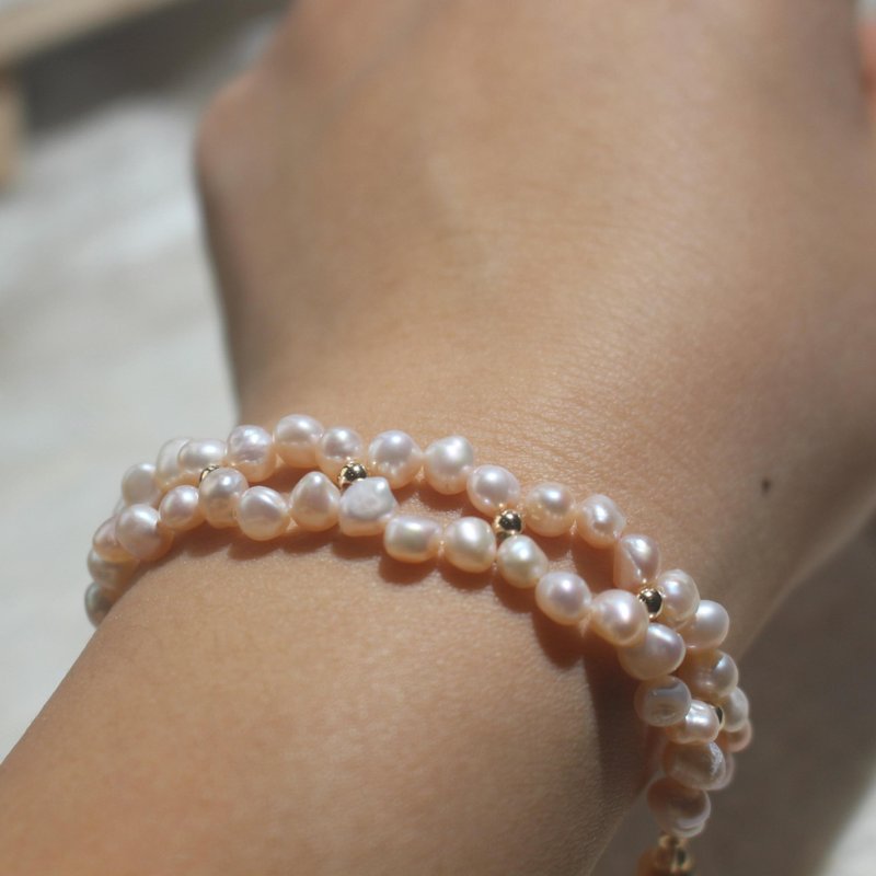 Dainty 14k gold beadeds and real pink freshwater pearls woven bracelet for her - Bracelets - Pearl Pink