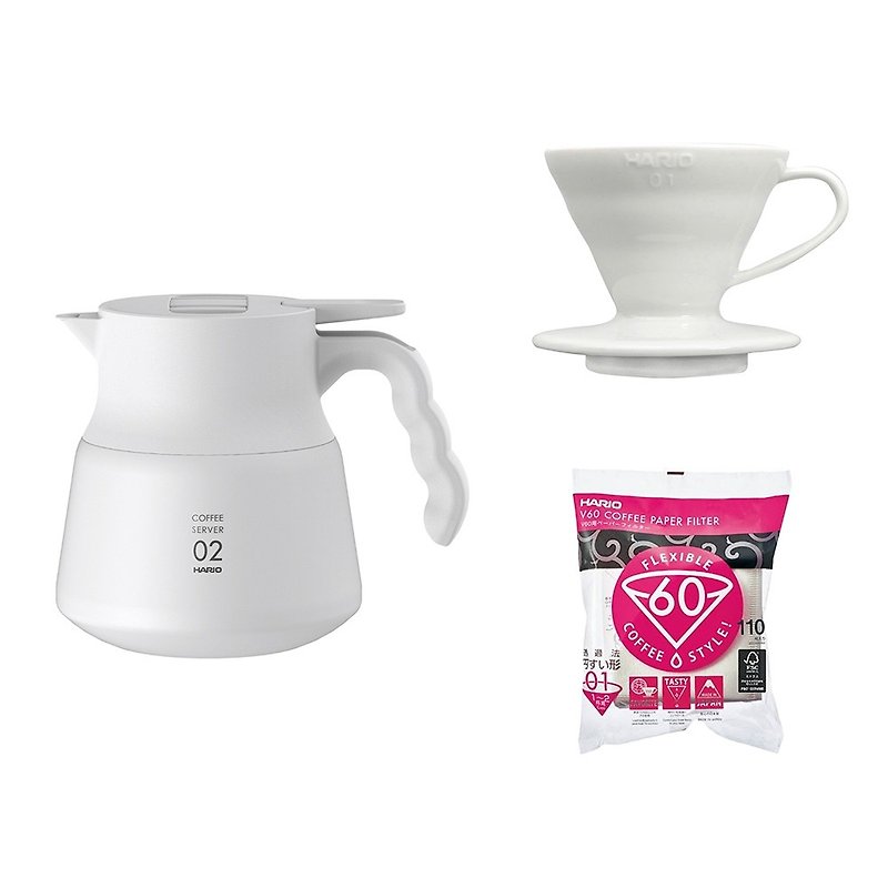 【HARIO】V60不鏽鋼保溫咖啡壺白色PLUS+V60磁石01濾杯+濾紙 - 咖啡壺/咖啡器具 - 不鏽鋼 白色