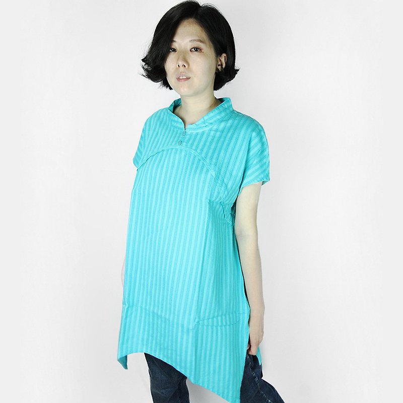 [Slow sound] Mid-length shirt with side flap and Chinese knot - Women's Tops - Cotton & Hemp 