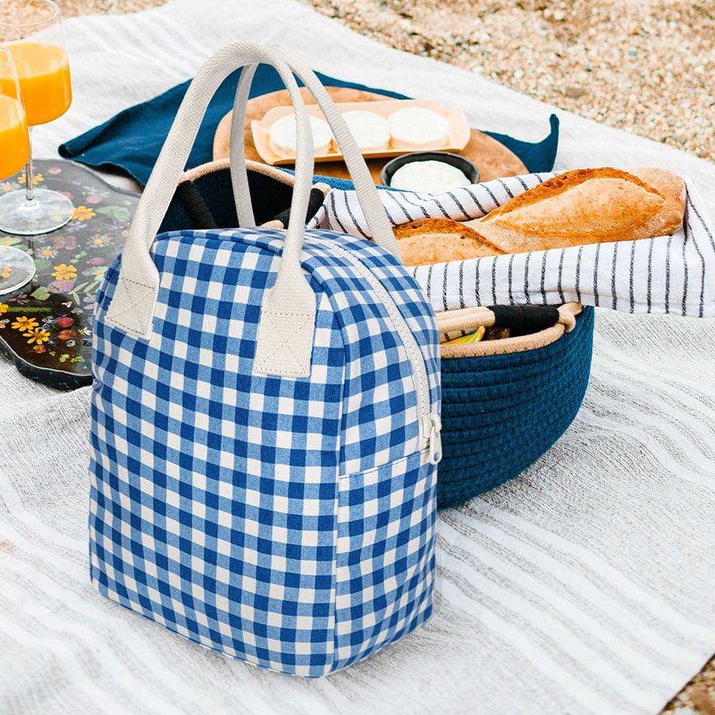 Fluf Zipper Lunch- Gingham Blue - Handbags & Totes - Cotton & Hemp Blue