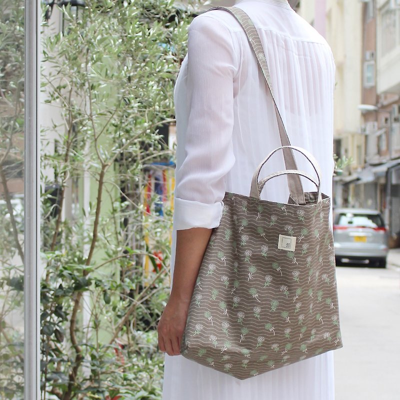 2x2BAG double-sided cloth bag | flower green dandelion canvas + linen - Messenger Bags & Sling Bags - Cotton & Hemp Khaki
