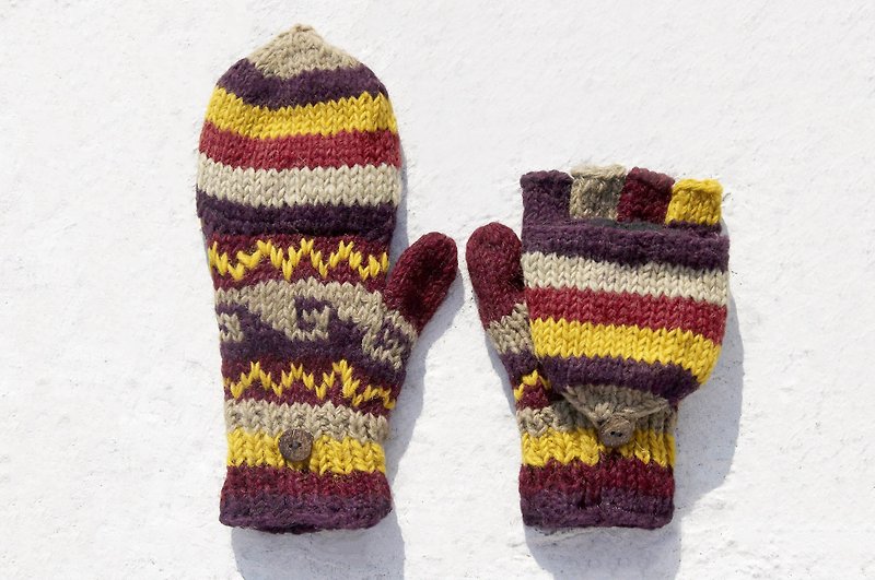 Christmas gift creative gift exchange gift limited one hand-woven pure wool knitted gloves / detachable gloves / inner bristle gloves / warm gloves (made in nepal)-purple yellow magical Eastern Europe wave totem - ถุงมือ - ขนแกะ หลากหลายสี