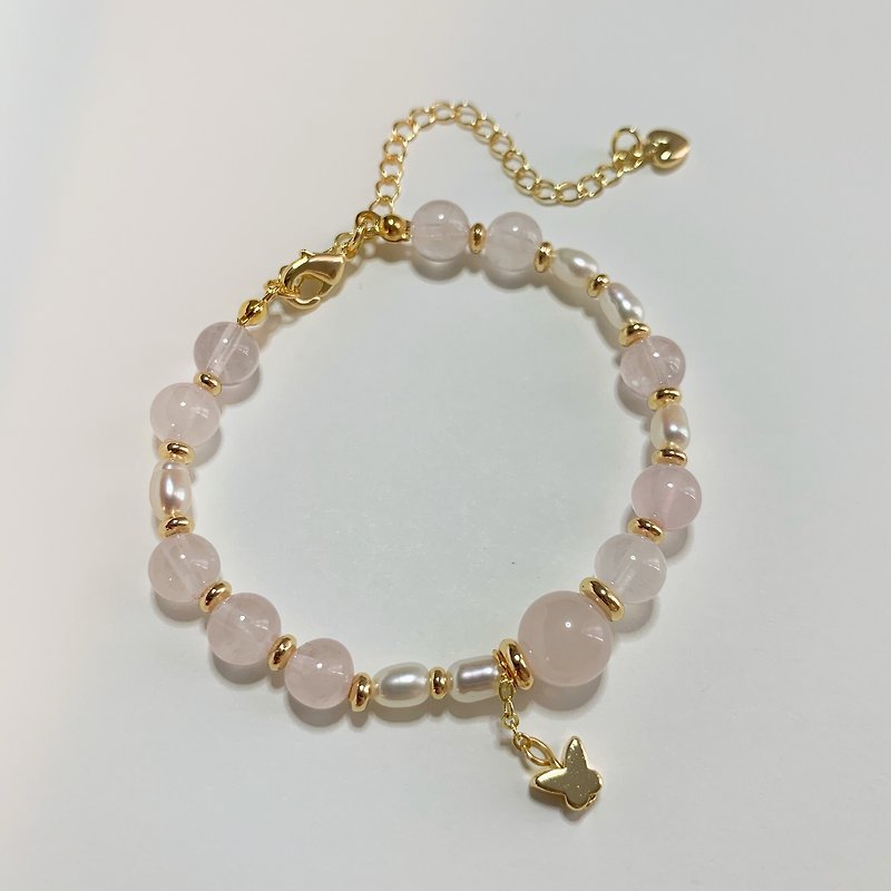 祝福與愛水晶手鍊－粉晶與珍珠手作陶品 - ブレスレット - クリスタル ピンク