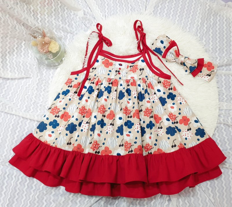 Korean Little Red Flower Shoulder Strap Dress - กระโปรง - ผ้าฝ้าย/ผ้าลินิน สีแดง