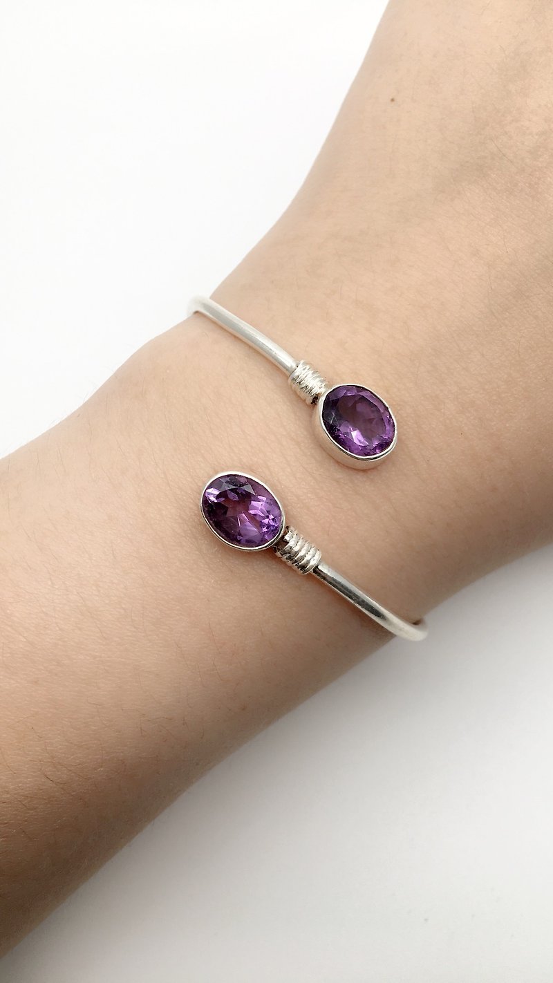 紫水晶925純銀雙寶石設計手環 尼泊爾手工銀飾 - 手鍊/手鐲 - 寶石 銀色