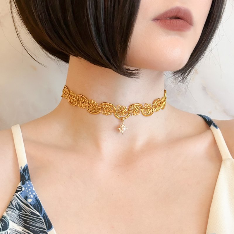 Gold / Planet Goddess / Star and Pearl Gold Braid Choker SV078G - Chokers - Polyester Gold