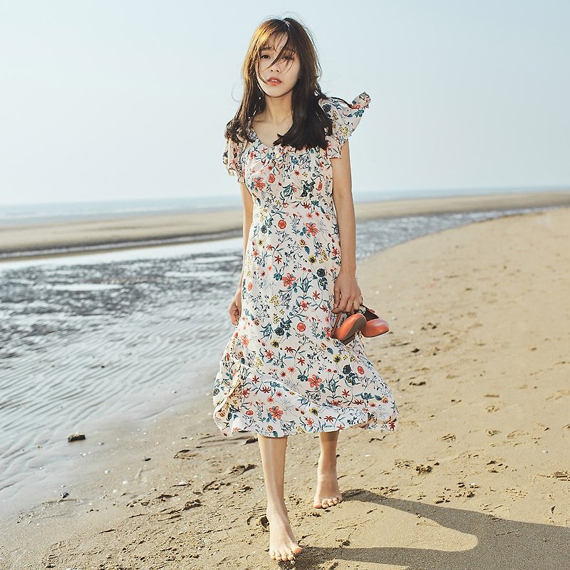 Anne Chen 2017 summer new ladies chest drawstring floral dress dress - ชุดเดรส - เส้นใยสังเคราะห์ หลากหลายสี