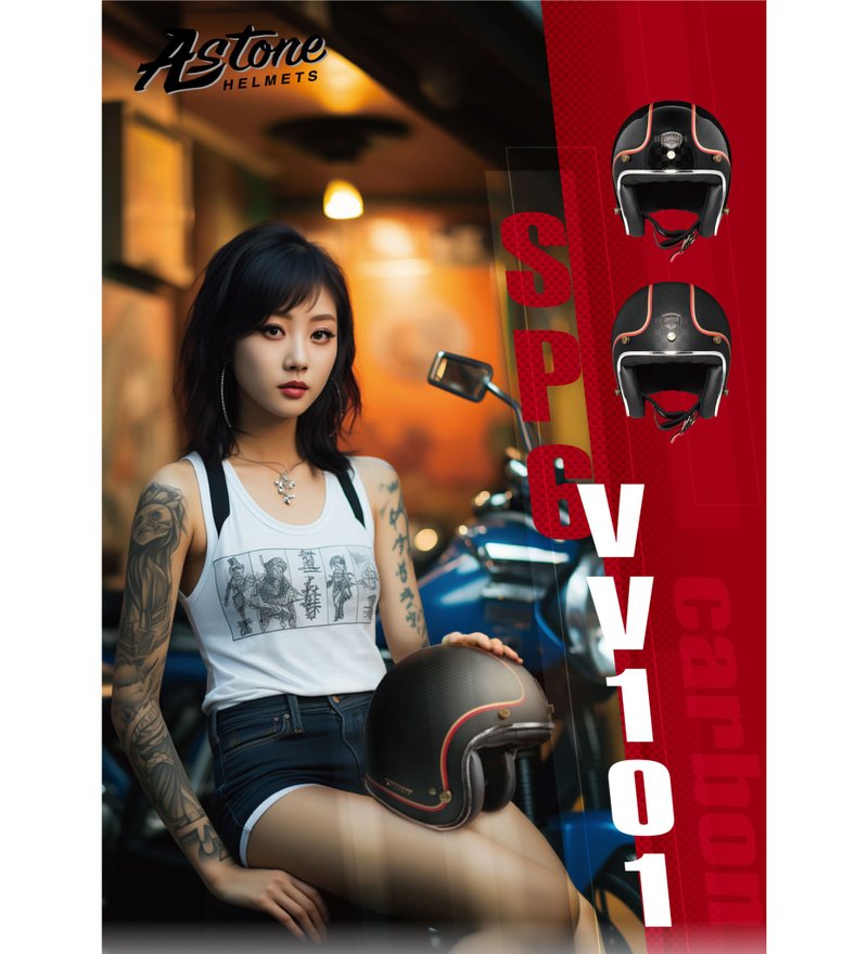 【福利品】SP6 / VV101 彩繪 復古帽  3/4罩安全帽 母親節 畢業 - 安全帽 - 碳纖維 黑色
