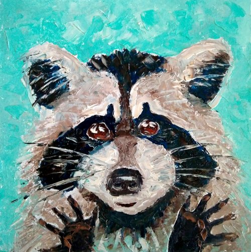 アライグマのオリジナルの絵画、動物のウォールアート、森の絵、野生動物のアート。手工油畫