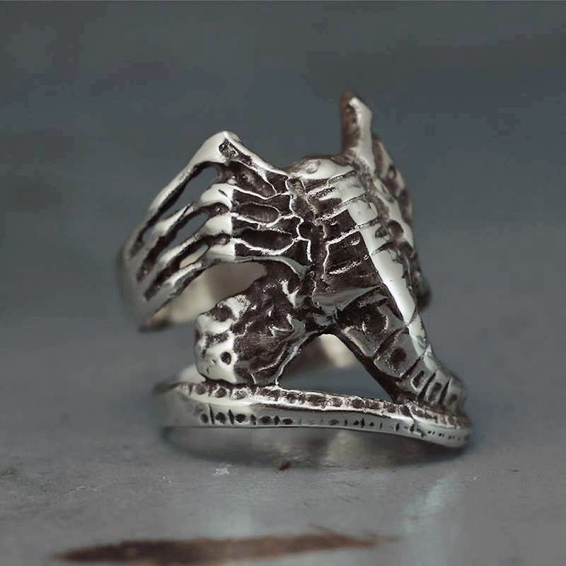 騎自行車的環純銀頭骨外星龍生肖幼蟲 - 戒指 - 其他金屬 銀色