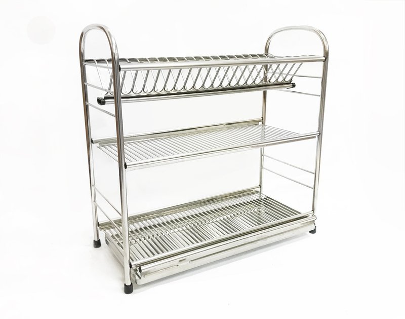 Stainless Steel three-layer dish rack, drain rack, the whole panel is made of material, and the water tray can be naturally dried - Storage - Stainless Steel Silver