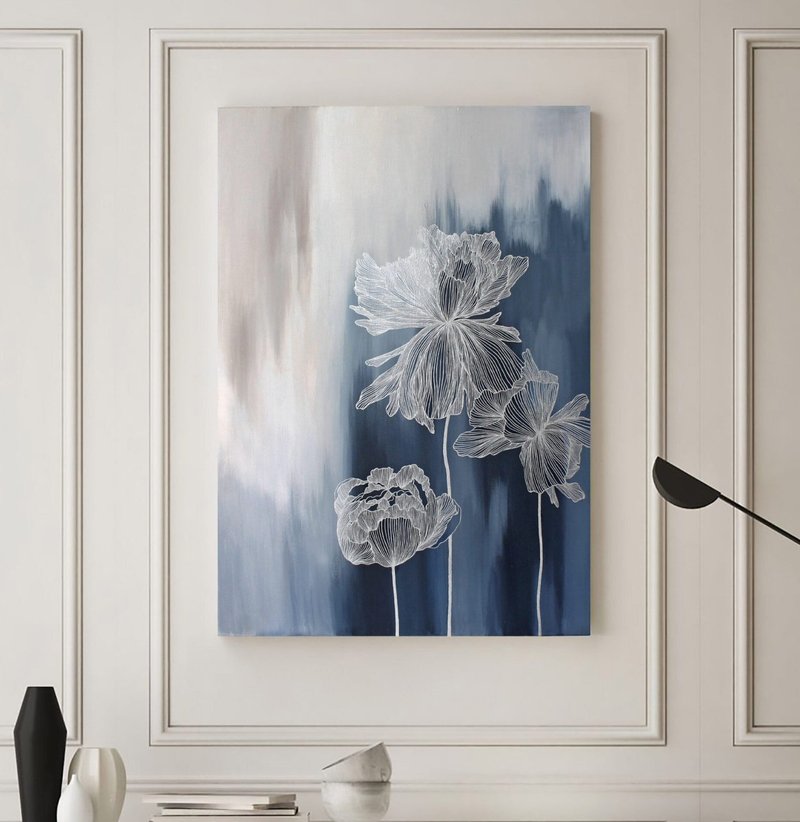 Silver Blue Wall Art | Silver Flowers Painting  |Flowers Wall Art | Thinness 4 - 壁貼/牆壁裝飾 - 棉．麻 藍色