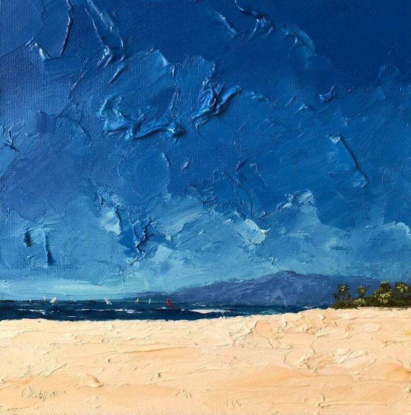 Original Blue Landscape Beach Oil Painting On Canvas Seascape Textured Impasto - 壁貼/牆壁裝飾 - 棉．麻 多色