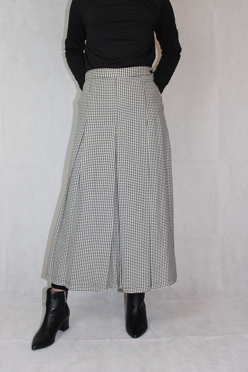 聚酯纖維 女長褲 - Vintage 古著 / 黑白格紋百摺褲裙
