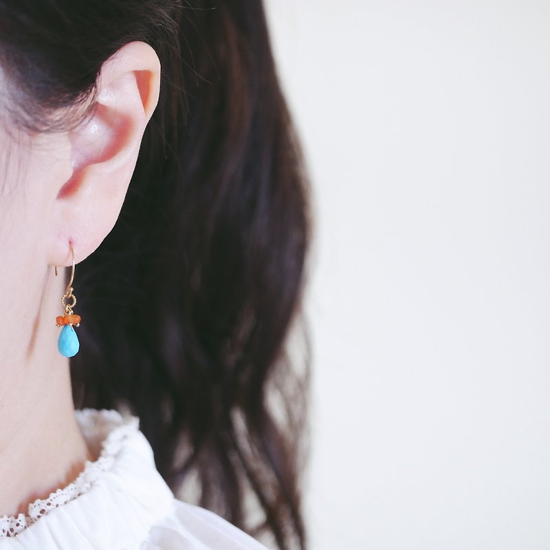 天然藍松石 撞色異國風情耳環 14K GF 送禮 天然石 輕珠寶 玉髓 - 耳環/耳夾 - 寶石 藍色