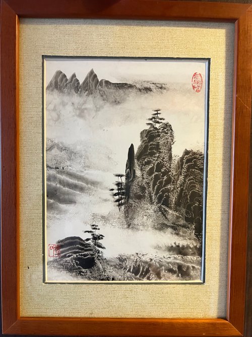 真作] [S8] 原田紫峯「水墨山水」絹本 肉筆 水墨画 山水図 夏景
