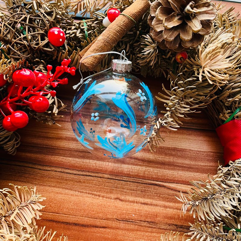 Hand-painted Glass Christmas Bauble (blue and orange flowers) - ของวางตกแต่ง - แก้ว หลากหลายสี