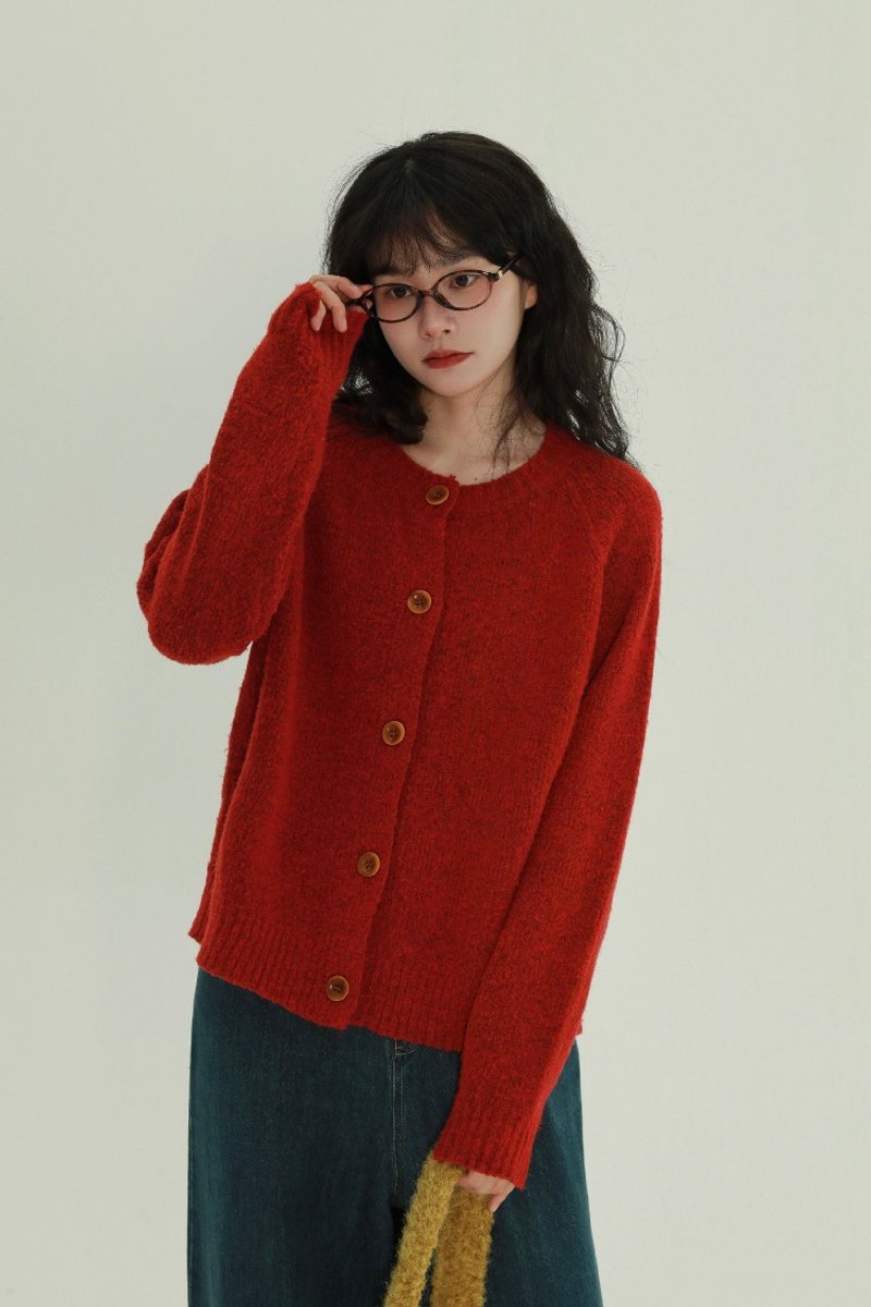 Black/white/red round neck solid color cardigan sweater lazy style soft and glutinous casual versatile knitted top jacket - Women's Sweaters - Other Man-Made Fibers Red