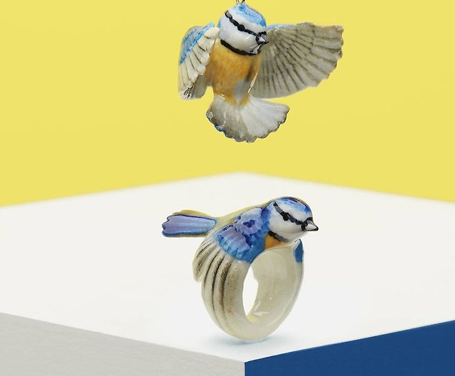 AndMary手描きの磁器リング-ブルー鳥ブルーティットリングギフト