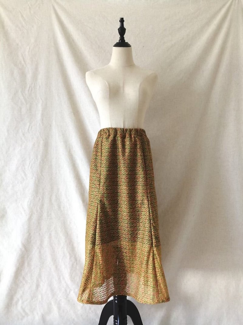 Designer collection yellow-green-orange art special mesh fabric six-piece skirt long skirt - กระโปรง - ไฟเบอร์อื่นๆ สีส้ม