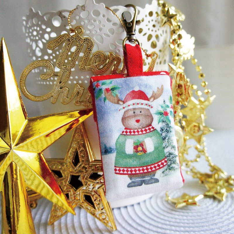 Lovely【日本布訂製】聖誕麋鹿方型平安袋、詩籤福袋、小飾品袋 - 平安符袋 - 棉．麻 紅色