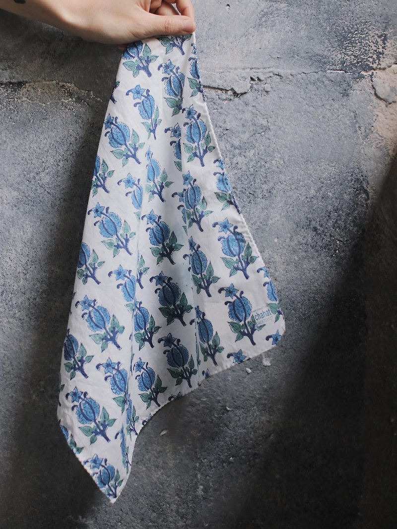 CHAHAT handkerchief S blue flower / ink leaf - Handkerchiefs & Pocket Squares - Cotton & Hemp Blue