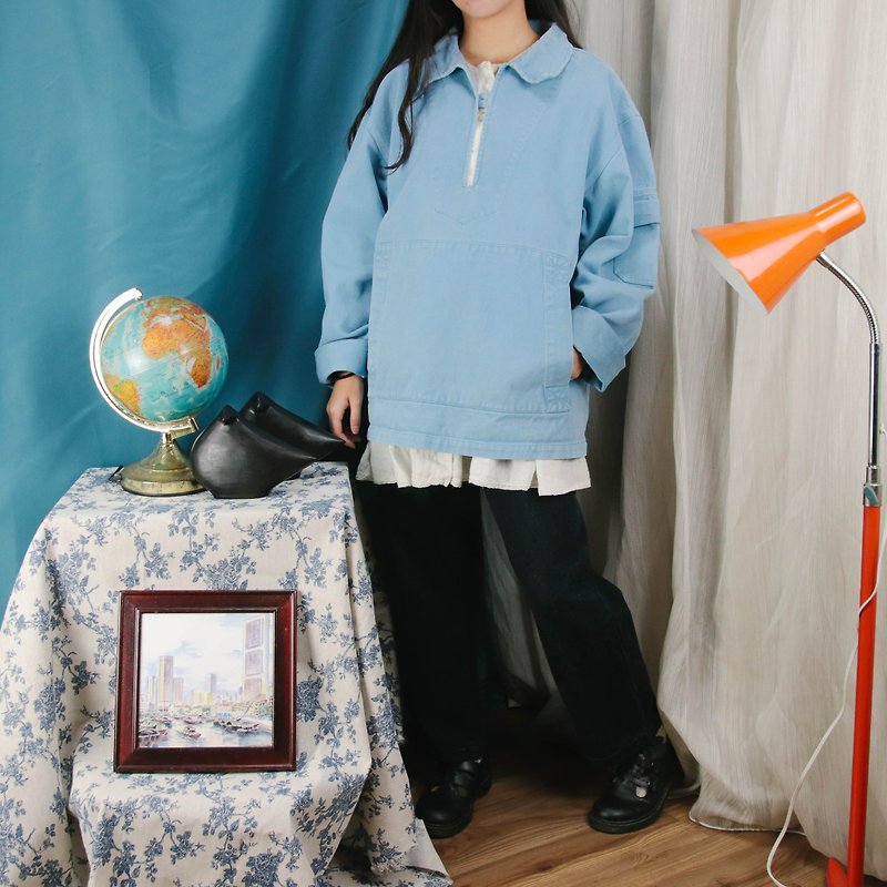 Fisherman overalls 009 light blue overalls vintage shirt [Tsubasa.Y 古 着 屋] - เสื้อยืดผู้ชาย - ผ้าฝ้าย/ผ้าลินิน สีน้ำเงิน