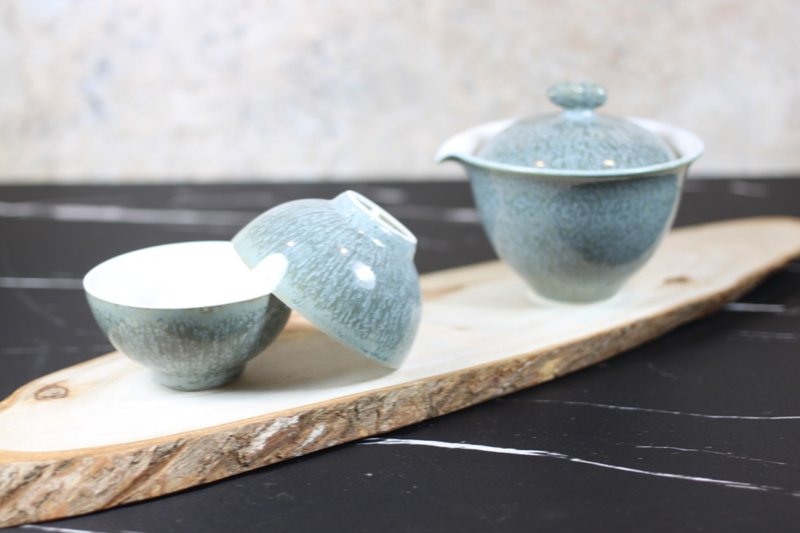 【父親節禮物】蟹青結晶 蓋碗茶具組 一碗兩杯 名家葉敏祥作品 - 茶壺/茶杯/茶具 - 陶 