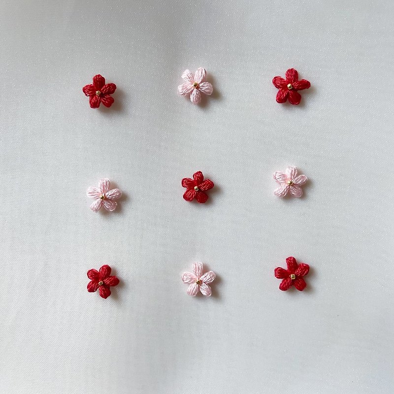 Embroidery thread crochet flower earrings red pink Line/ Ear Clip - Earrings & Clip-ons - Thread Red