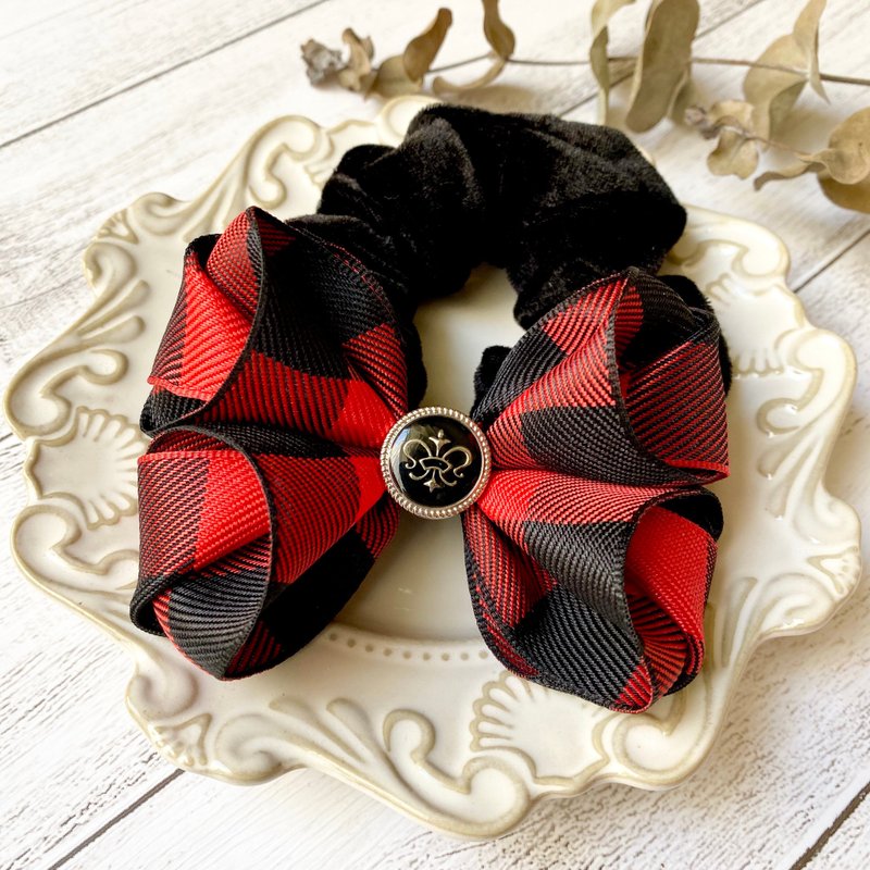 British college style large plaid bow scrunchie/ vermilion + ink black - Hair Accessories - Other Materials Red