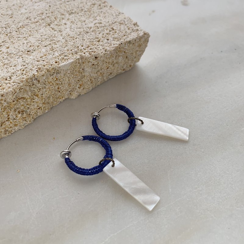 &quot;Blue and white&quot; Linen and shell hoop earrings