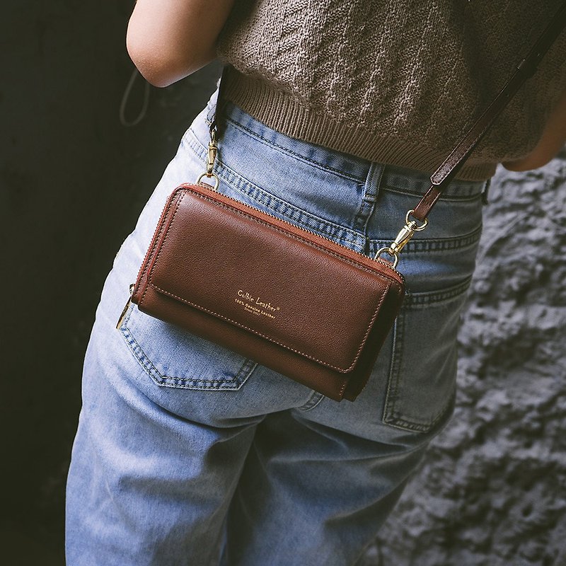 Elegant leather long clip combined with cross-body bag 22294 coffee