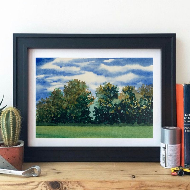 Original Watercolor Landscape Trees Painting Field Landscape Blue Sky Artwork - 壁貼/牆壁裝飾 - 紙 多色